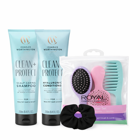 Charles Worthington Clean + Protect shampoo and hyaluronic conditioner hair care set with brushes, comb and scrunchie on white background