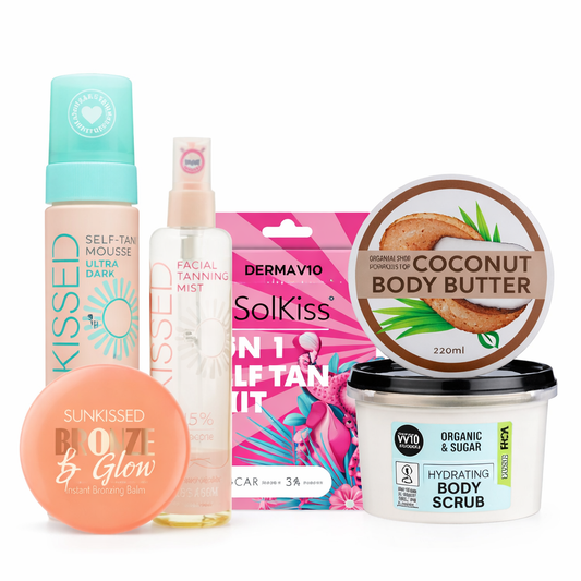 Collection of self-tanning products including mousse, mist, and scrub