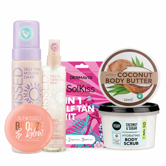 SolKiss dark self tan gift set including self tan mousse, facial tanning mist, tanning mitt, coconut body scrub, body butter and bronze glow balm on white background