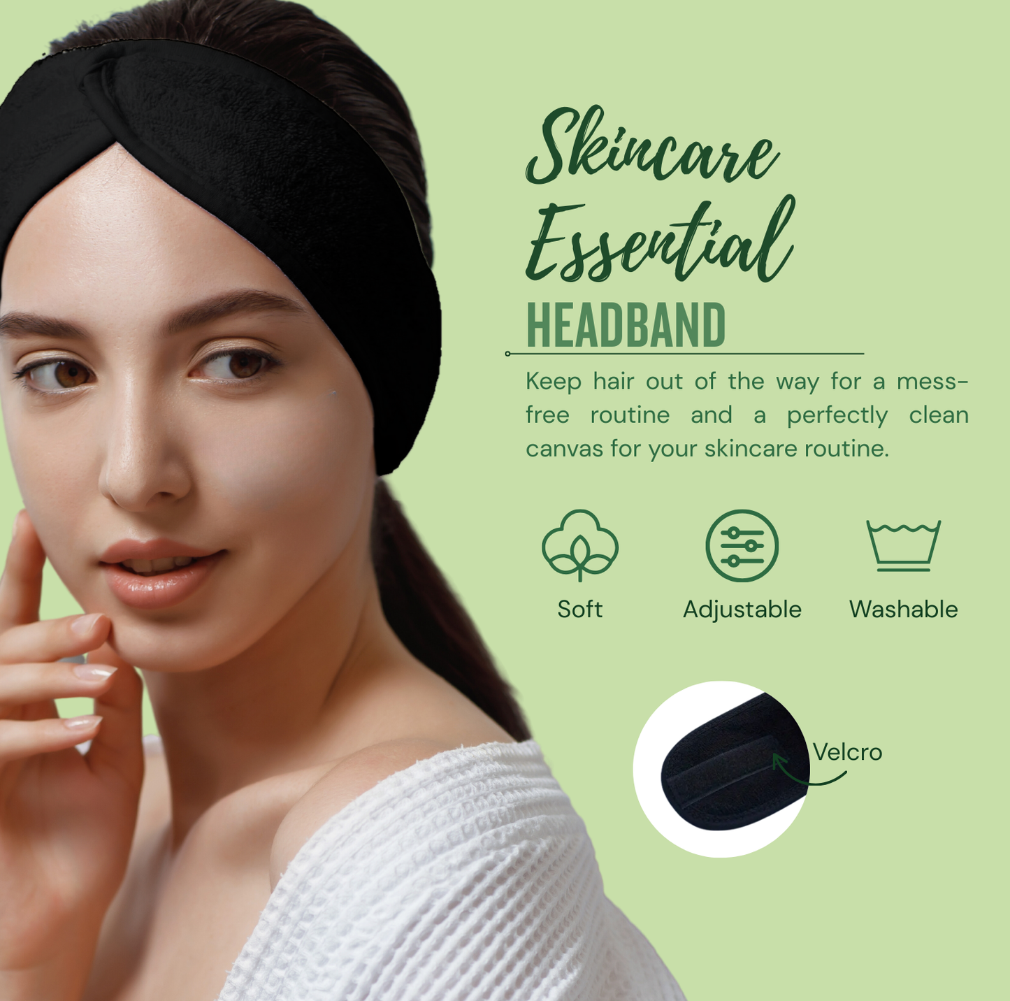 Adjustable black spa headband included in Face Facts ceramide skincare kit, designed to keep hair away during cleansing and skincare routines.