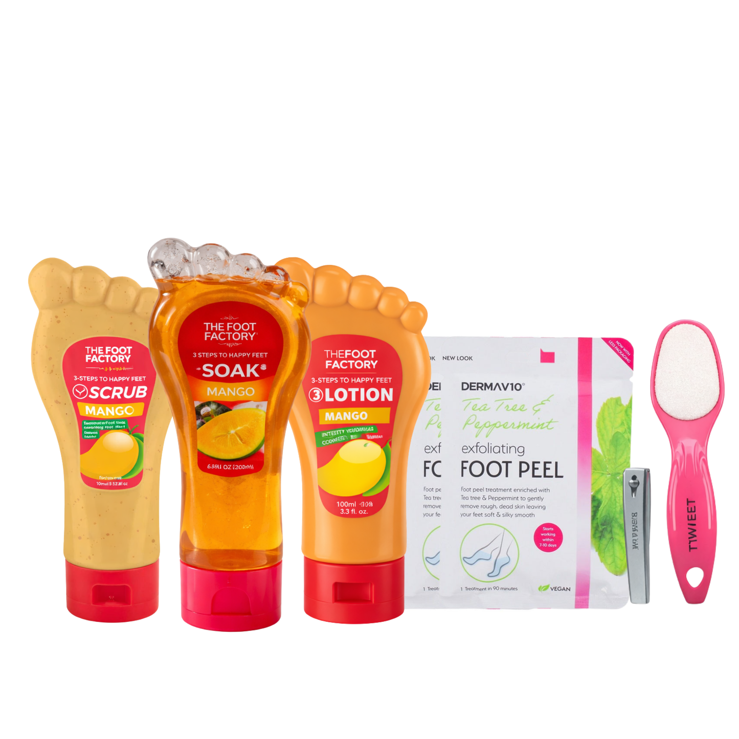 Mango foot care bundle with exfoliating foot scrub, refreshing foot soak, foot lotion, foot peel masks and pedicure accessories