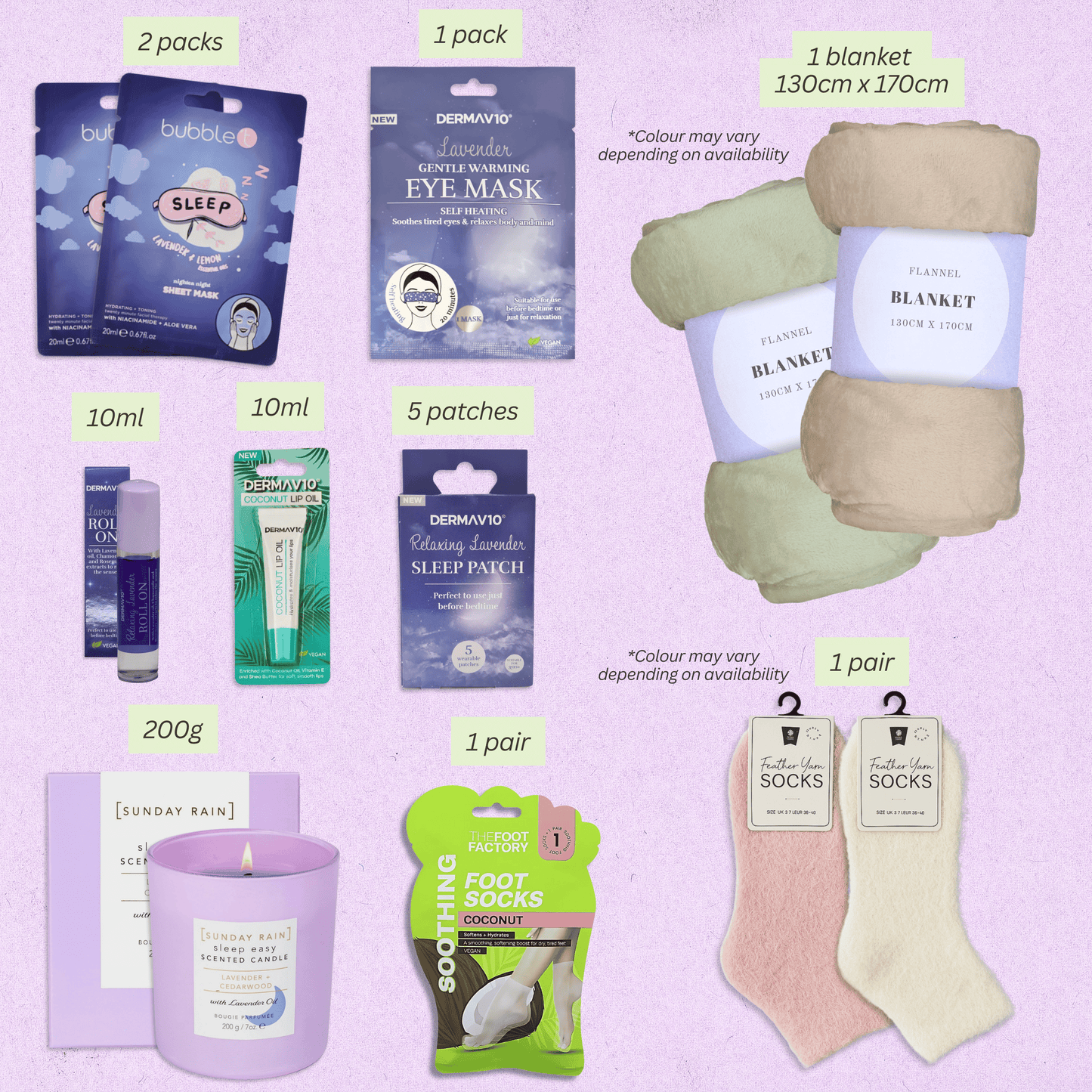 Contents of spa gift set showing sleep patches, eye mask, socks, blanket, candle, foot mask, lip oil and roll-on