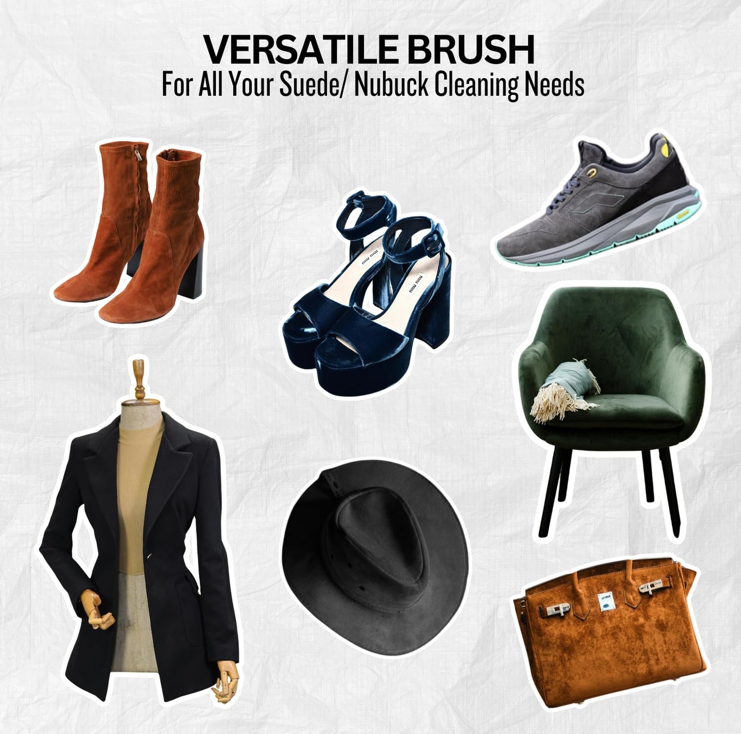 Suede and nubuck cleaning brush suitable for shoes, boots, bags, furniture, and delicate fabrics