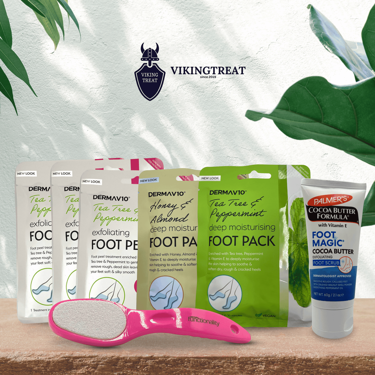 VikingTreat foot care bundle featuring exfoliating foot peel masks, deep moisturising foot packs, cocoa butter foot scrub and foot file for a complete at-home spa routine