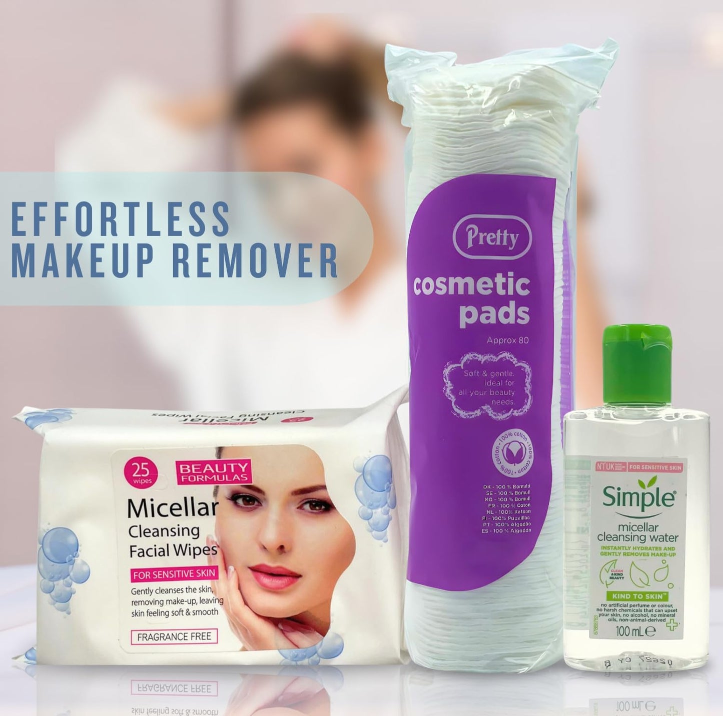 Micellar Cleansing Water 100ml with Cotton Pads & Facial Wipes – Travel Size Makeup Remover Set