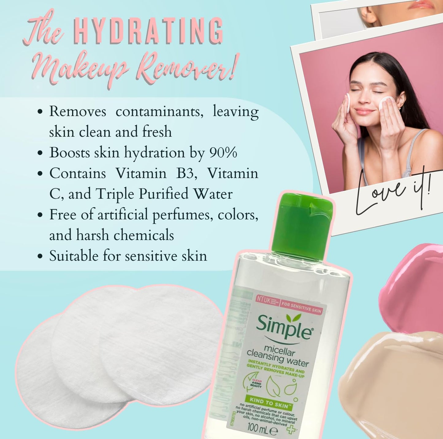 Micellar Cleansing Water 100ml with Cotton Pads & Facial Wipes – Travel Size Makeup Remover Set
