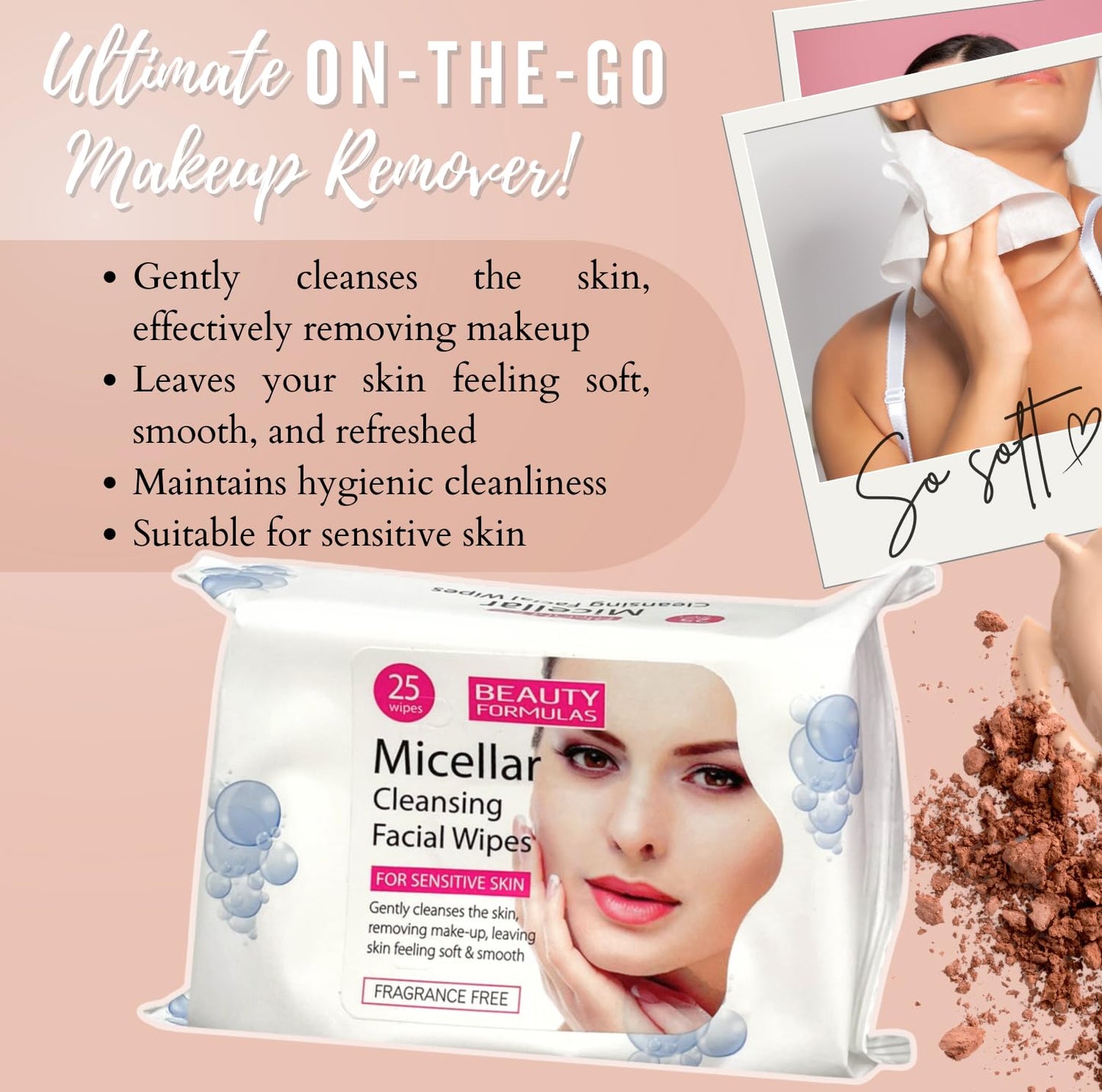 Micellar Cleansing Water 100ml with Cotton Pads & Facial Wipes – Travel Size Makeup Remover Set