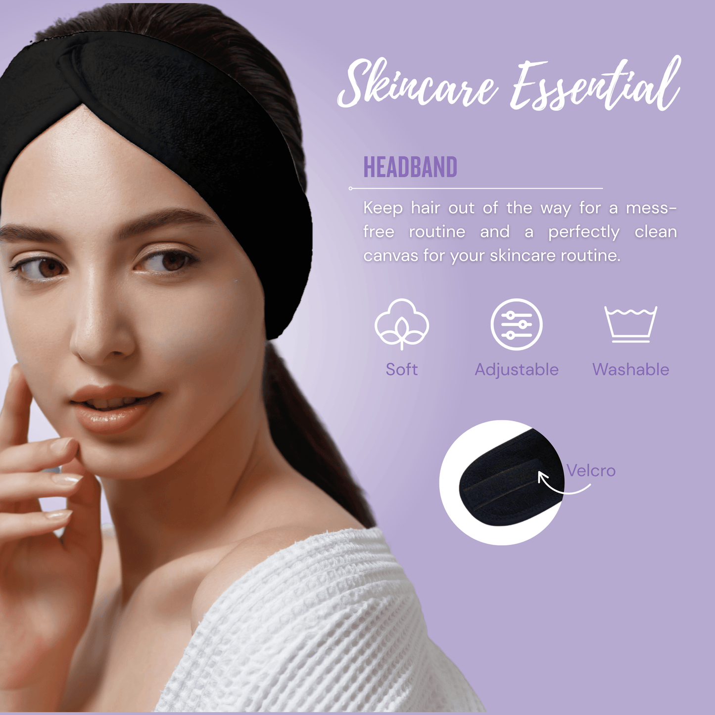 Adjustable black spa headband included in Face Facts age defying skincare set to keep hair away during skincare routines.