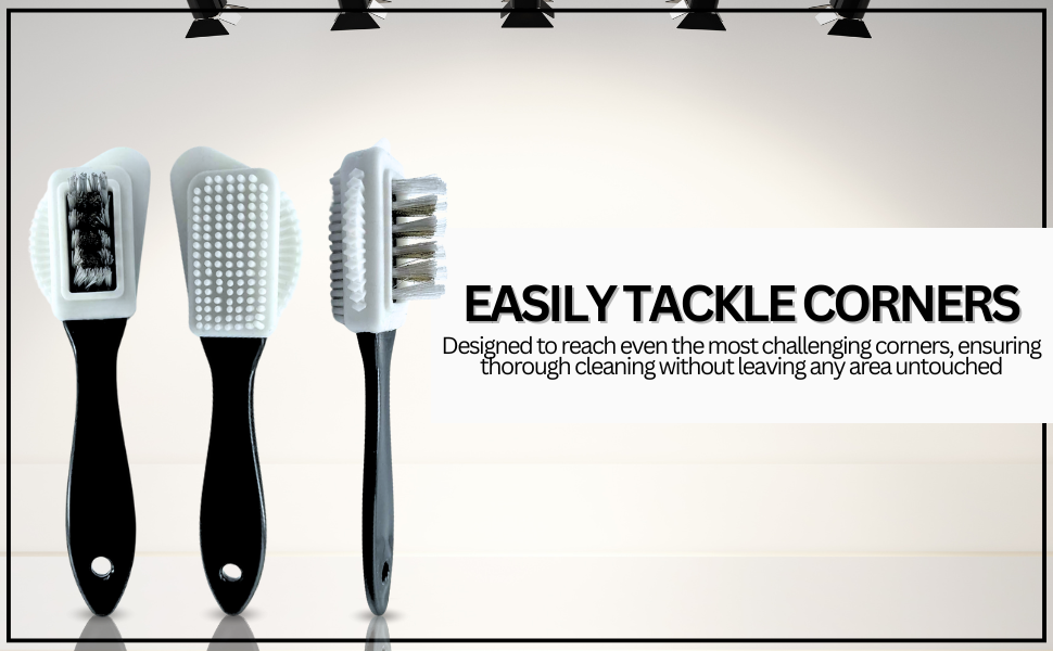 Four-sided suede brush designed to clean corners and seams effectively