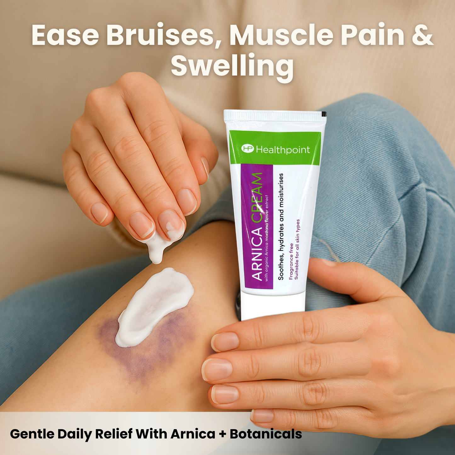 Woman applying arnica cream to bruise for pain relief and swelling — fast-absorbing botanical cream for daily use.