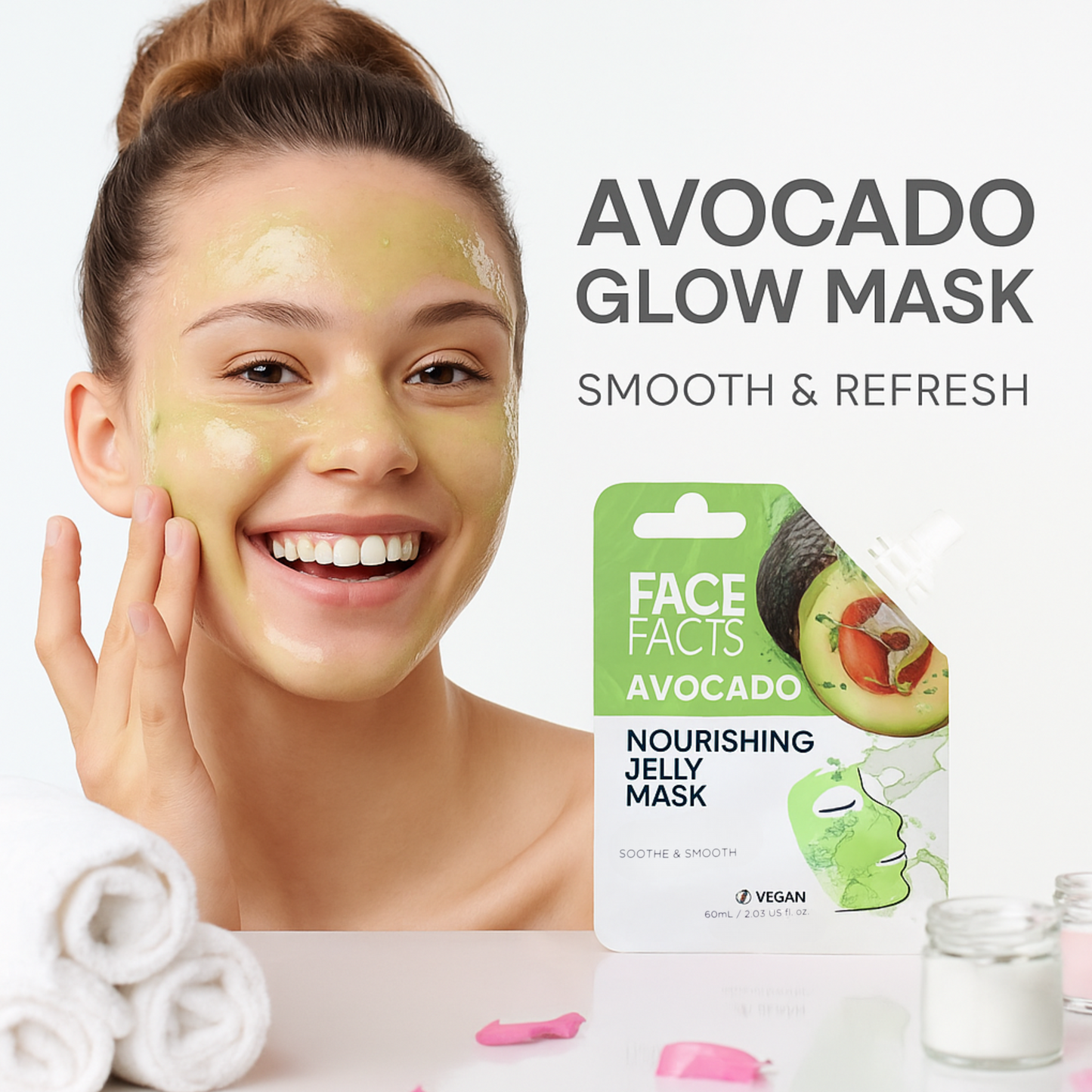 Teen applying avocado jelly face mask from nourishing skincare gift set