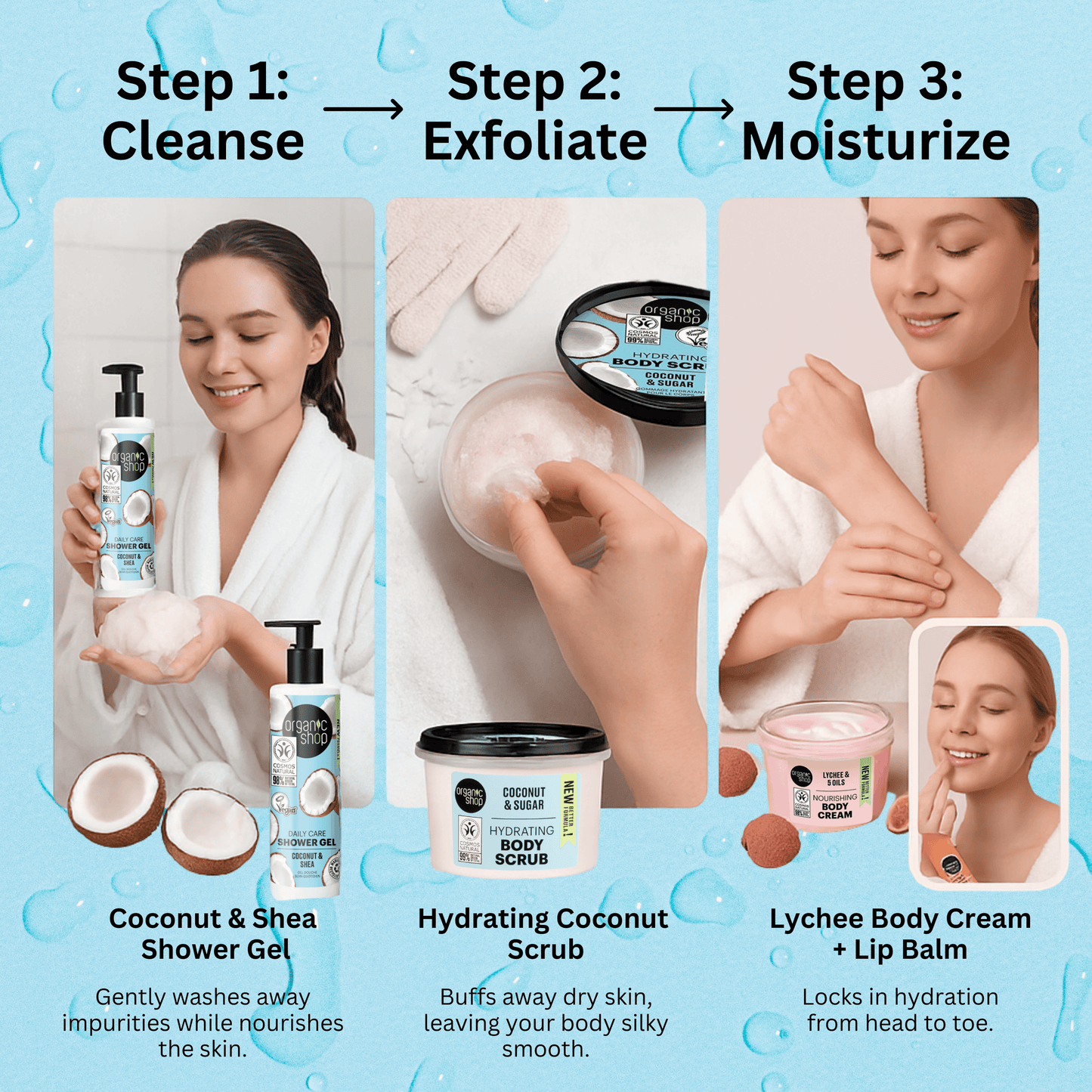Step-by-step bath routine using coconut shower gel, body scrub, lychee body cream, and lip balm for soft skin