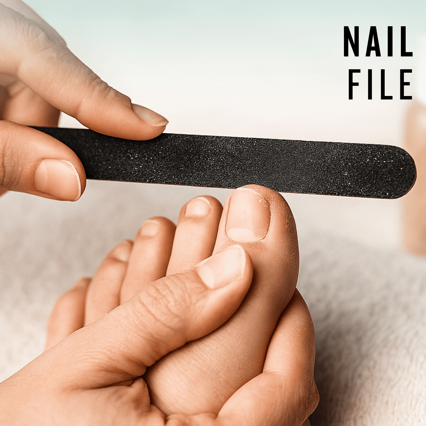 Using nail file to shape toenails during foot care routine, soft lighting for clean grooming scene.
