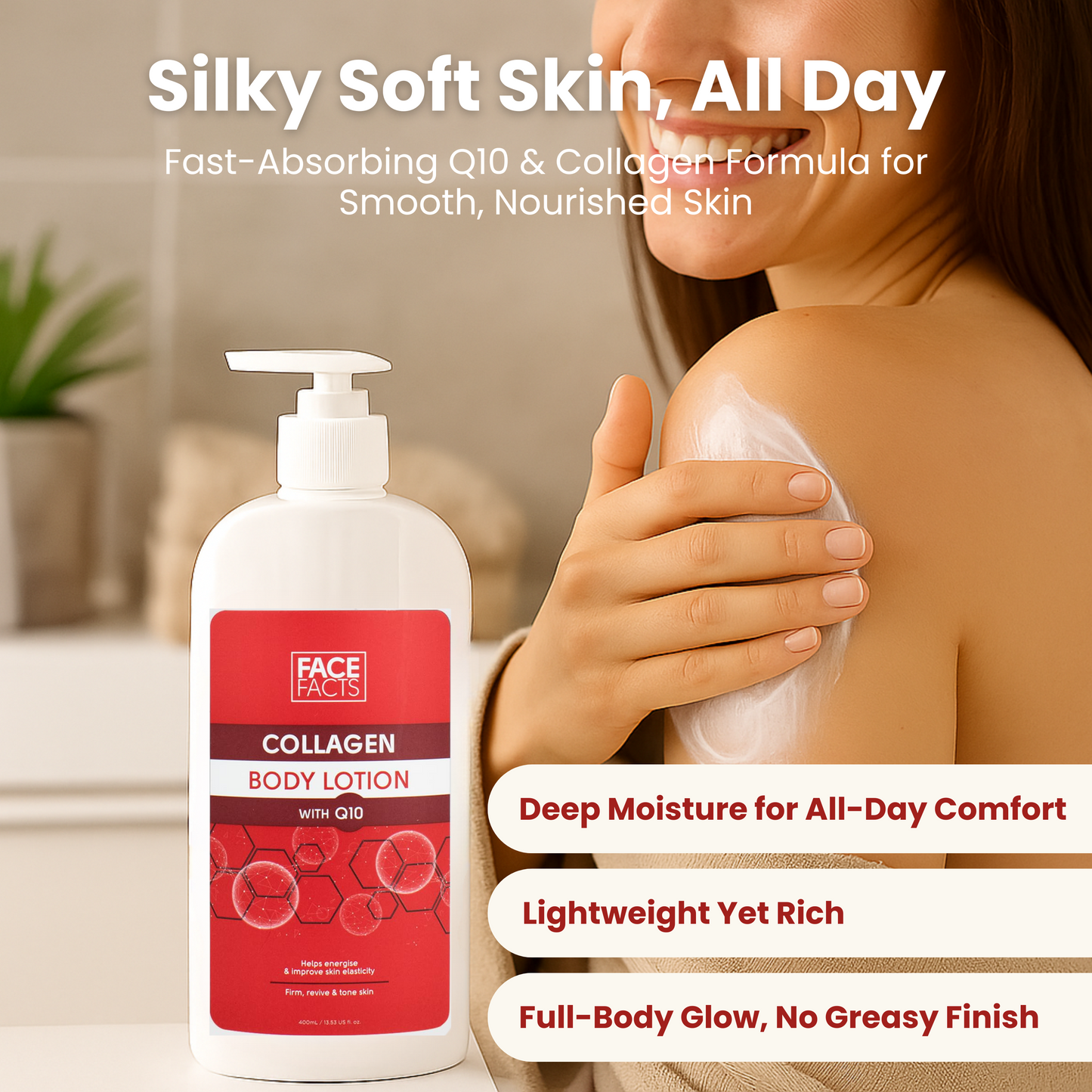Woman applying collagen body lotion on shoulder, smiling for hydration