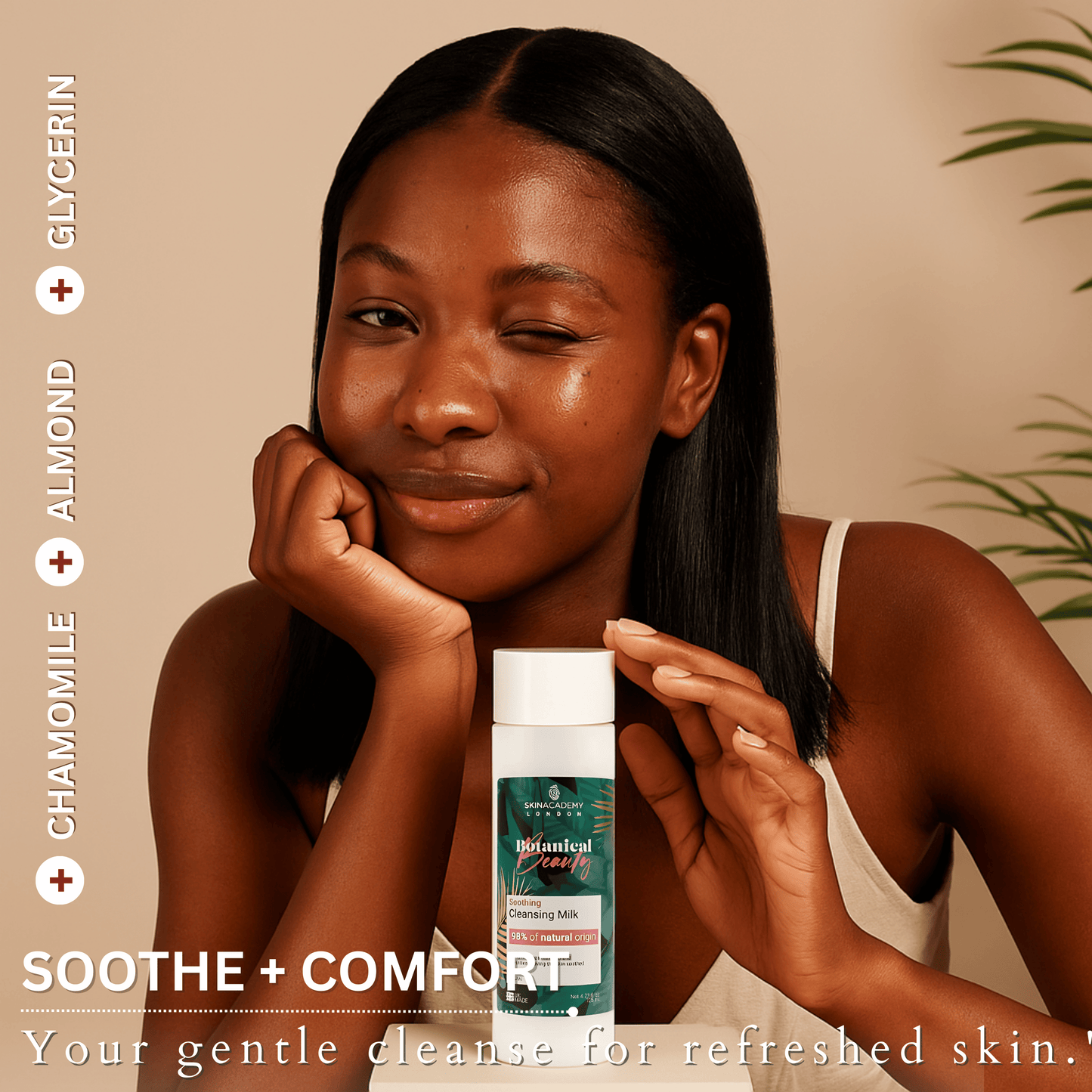 Skincare model smiling and holding Botanical Beauty Cleansing Milk, soothing comfort cleansing moment
