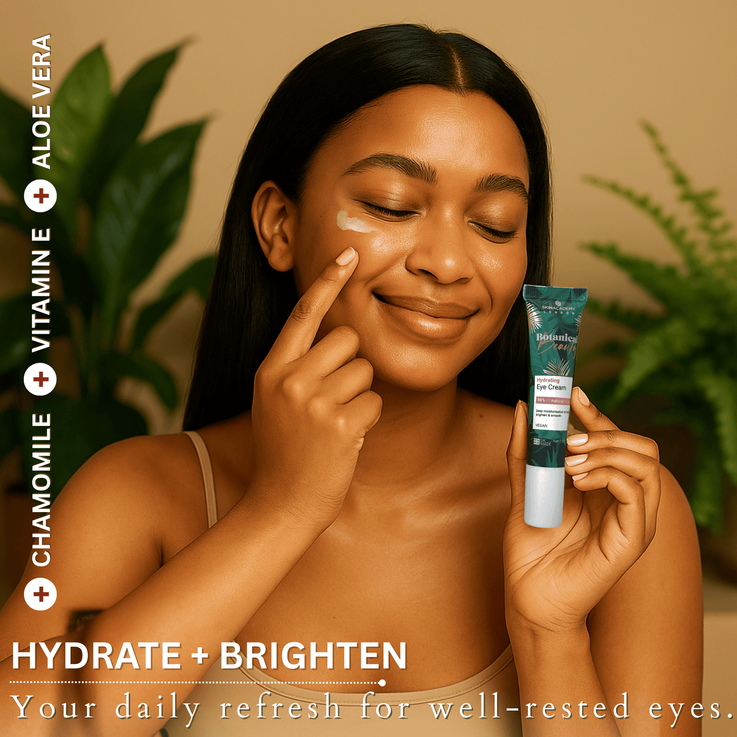 Woman applying Botanical Beauty Hydrating Eye Cream under eye area, brightening boost for tired eyes