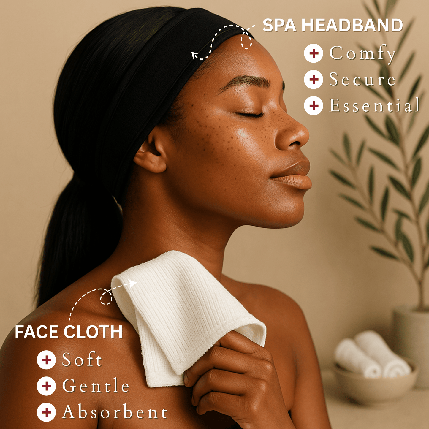 Spa moment showing facial headband and soft white face cloth in use, gentle skincare prep for daily routine