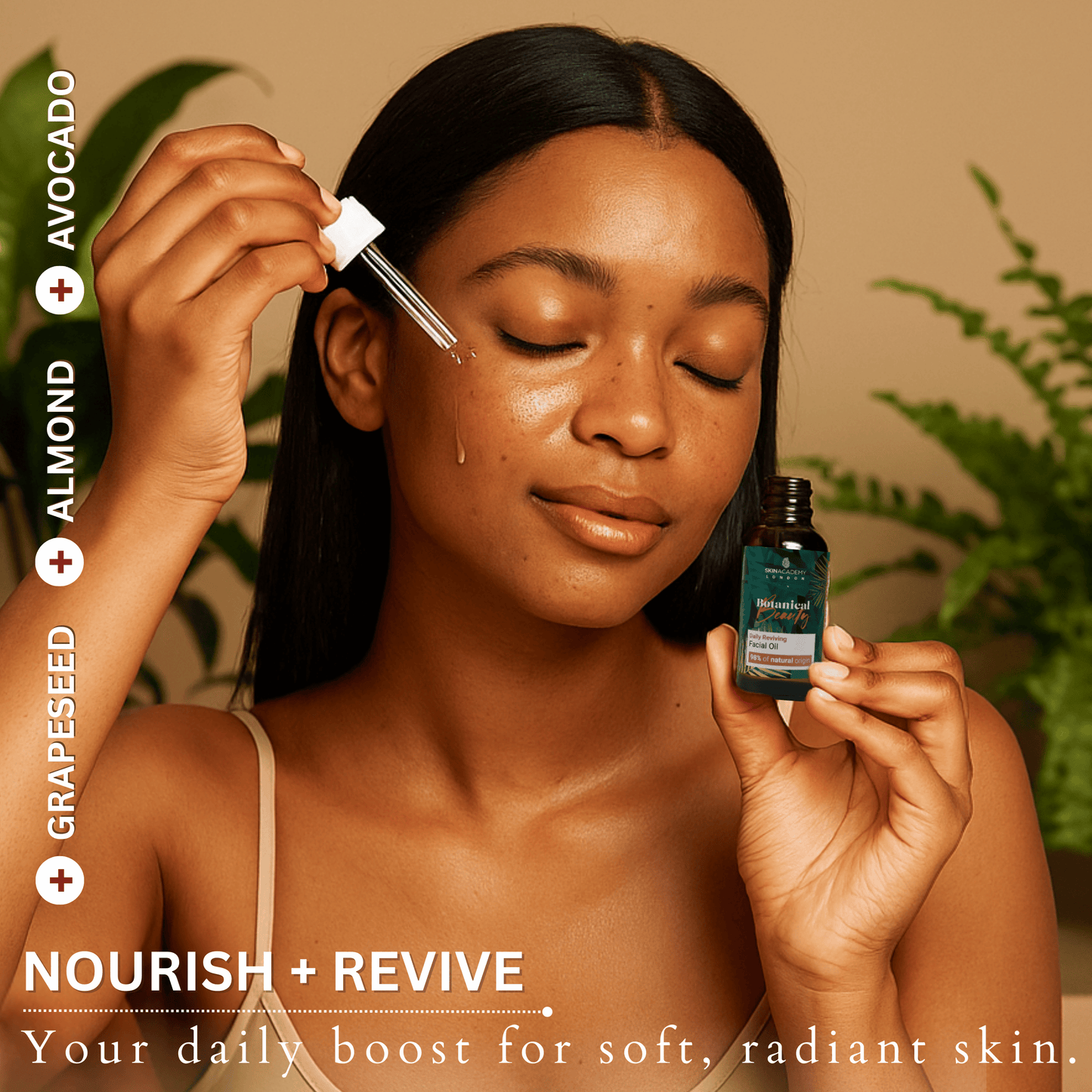 Radiant woman applying Botanical Beauty Facial Oil with dropper, nourishing glow, skincare self-care ritual
