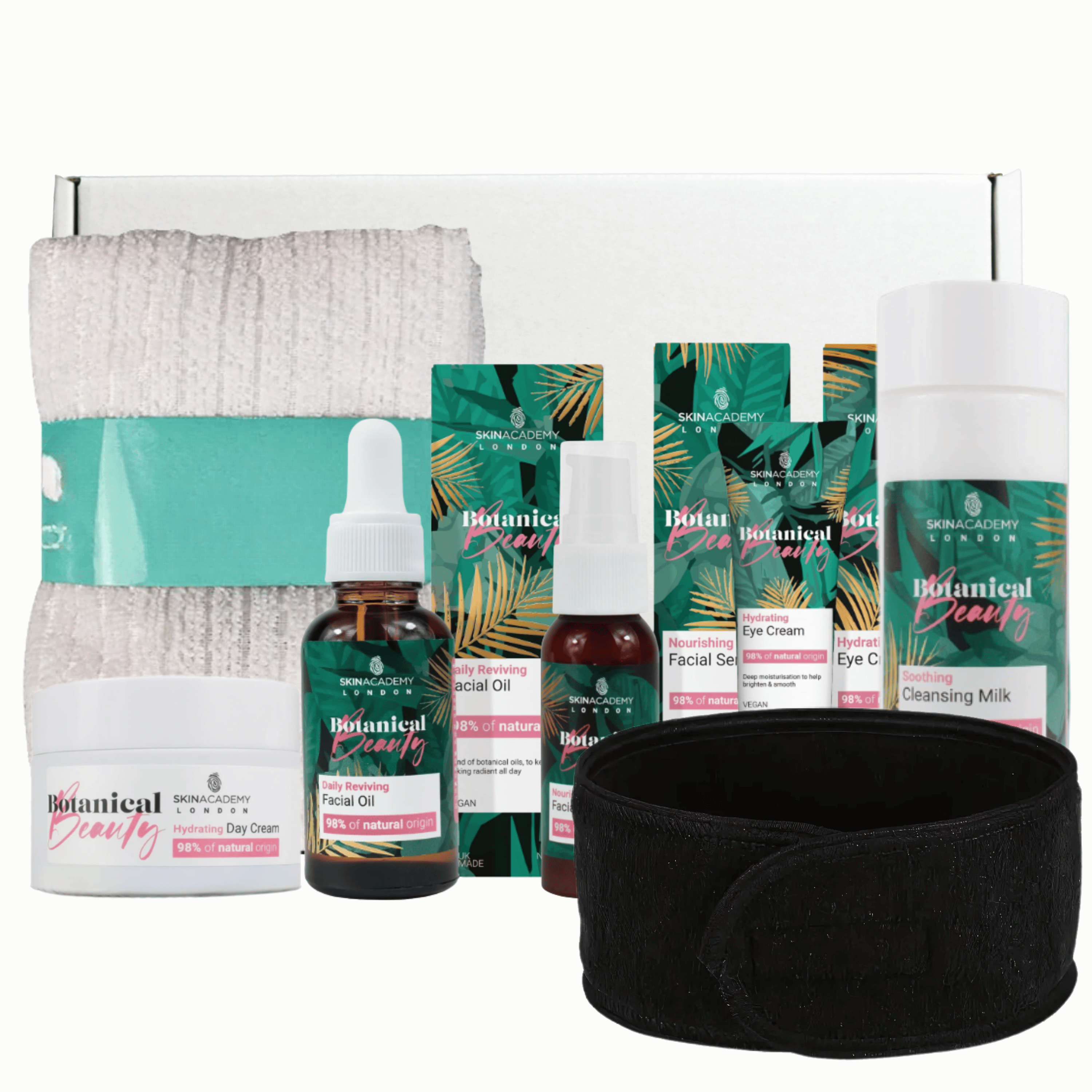 Full flat lay of 7-piece Botanical Beauty skincare set with box, ideal self-care gift for women, teens & skincare lovers