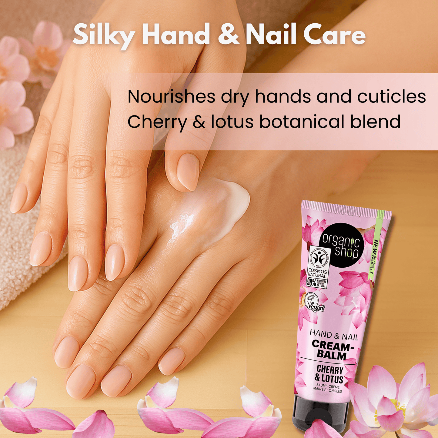 Moisturising hand cream with cherry and lotus being applied to hands, improves softness and nourishes nails