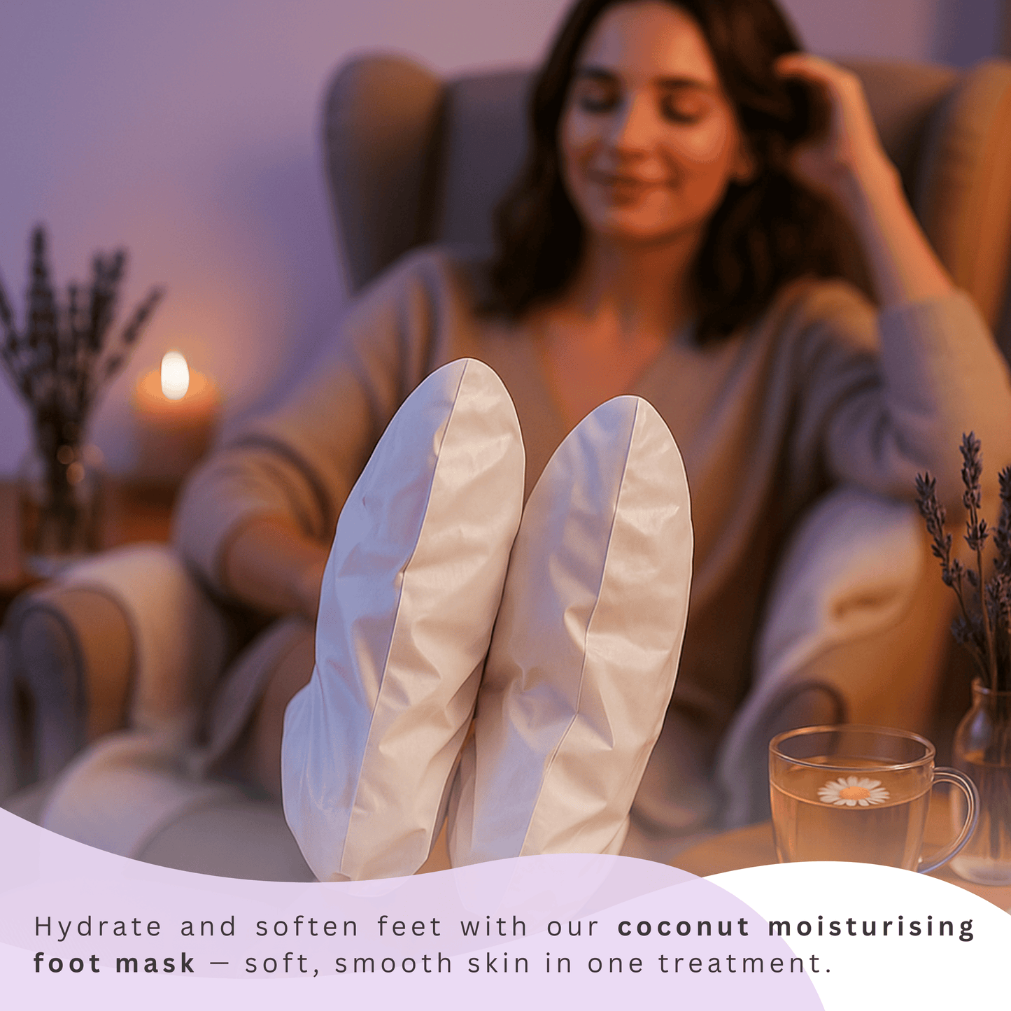 Coconut foot mask in use, woman relaxing with herbal tea, spa-like foot treatment at home