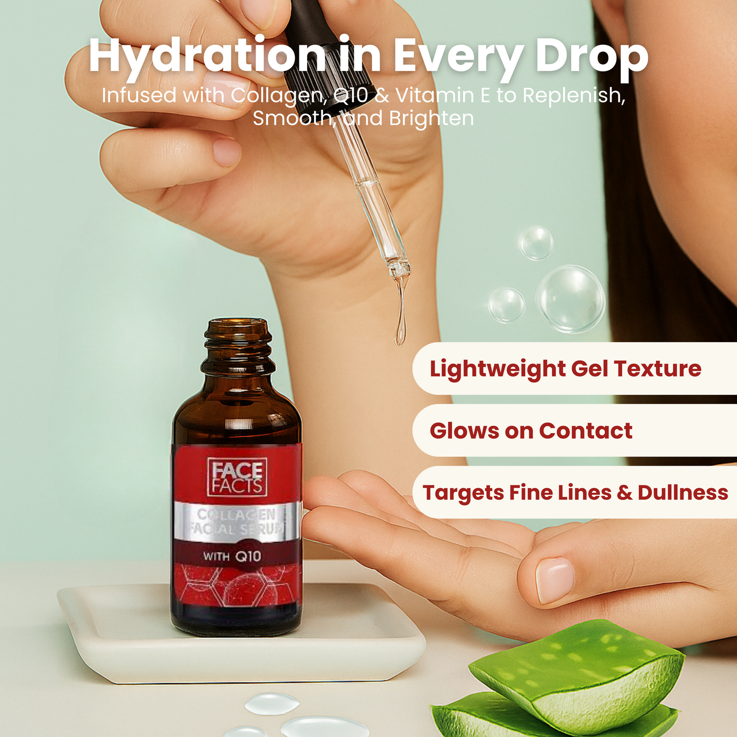 Closeup of hand using serum dropper over palm with aloe and smooth gel texture