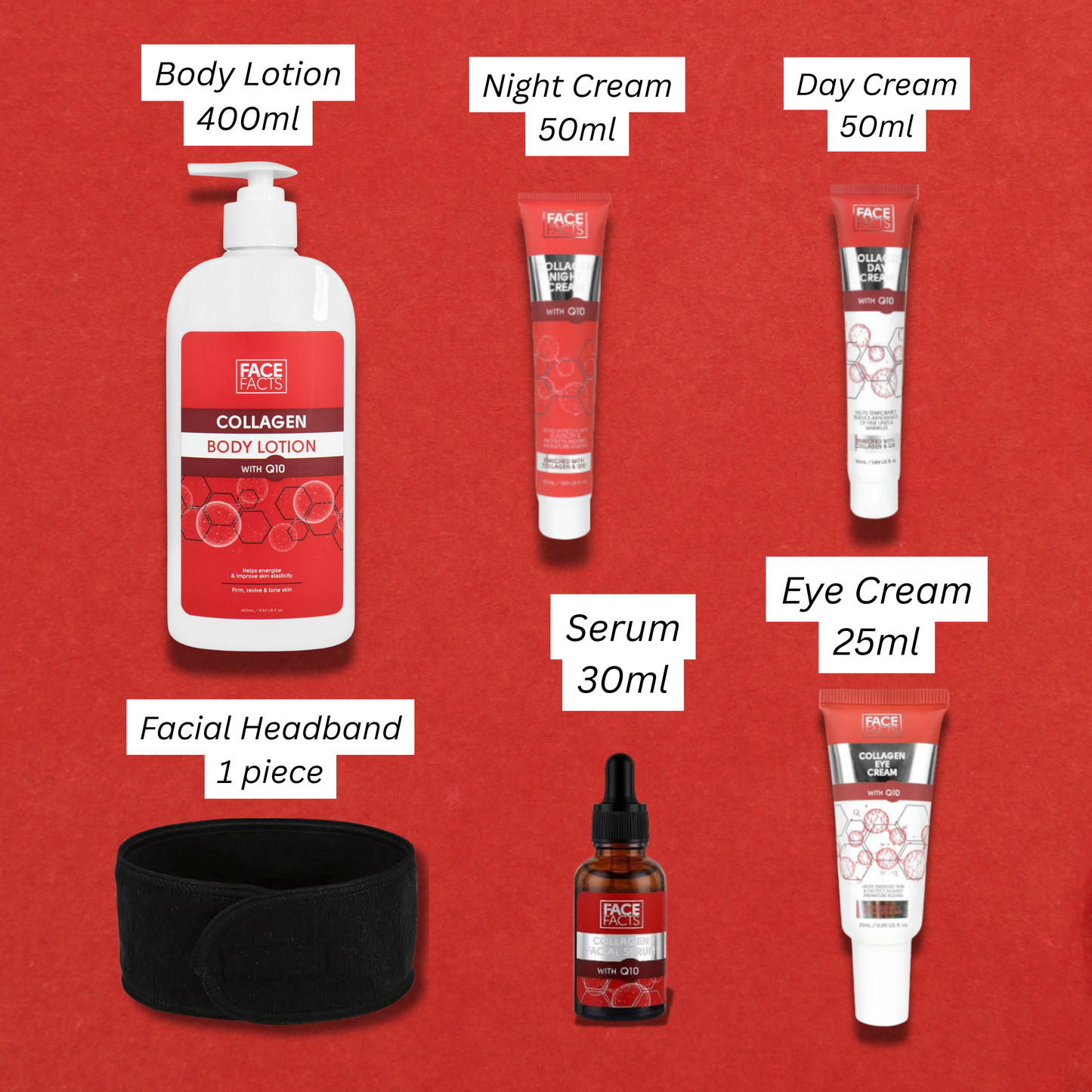 Product lineup with labels showing cream sizes and packaging against red background