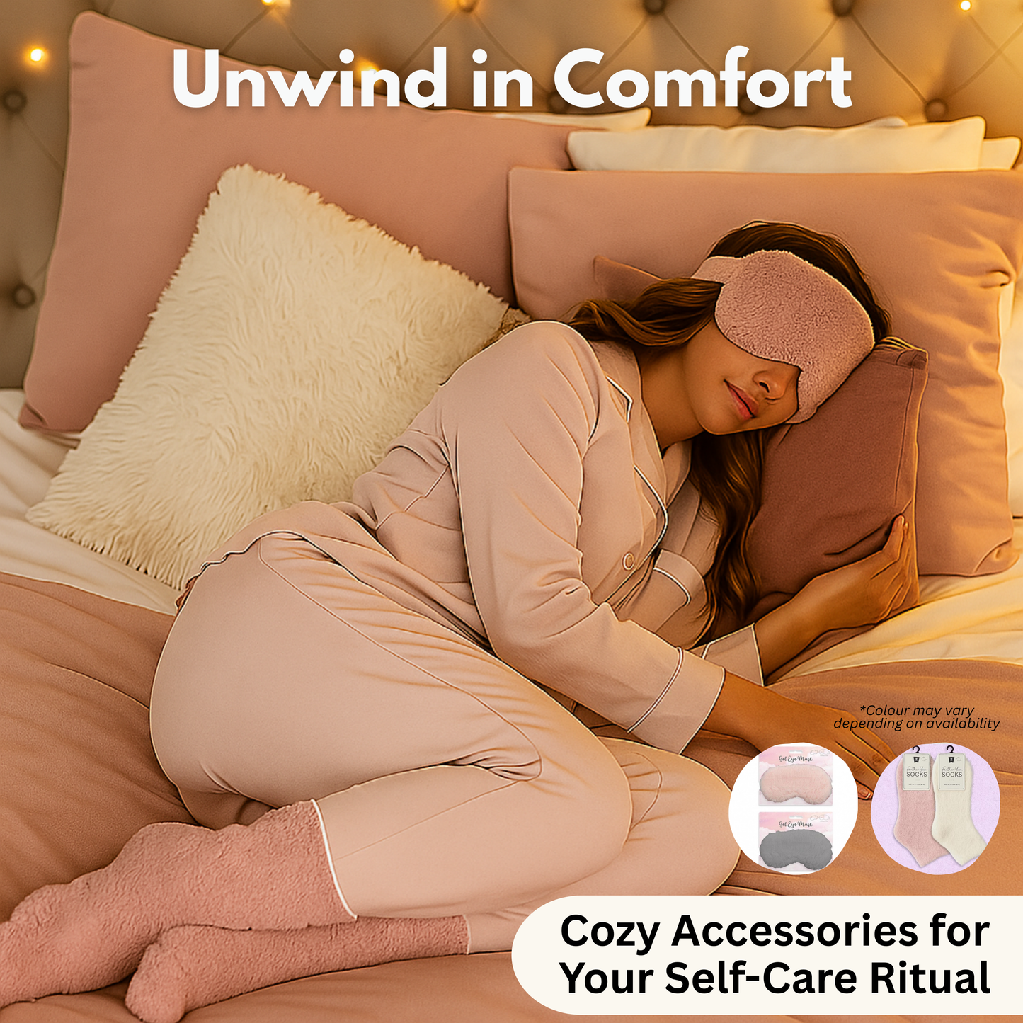 Woman in soft pyjamas using cozy socks and eye mask from pamper set for bedtime self-care ritual and relaxation