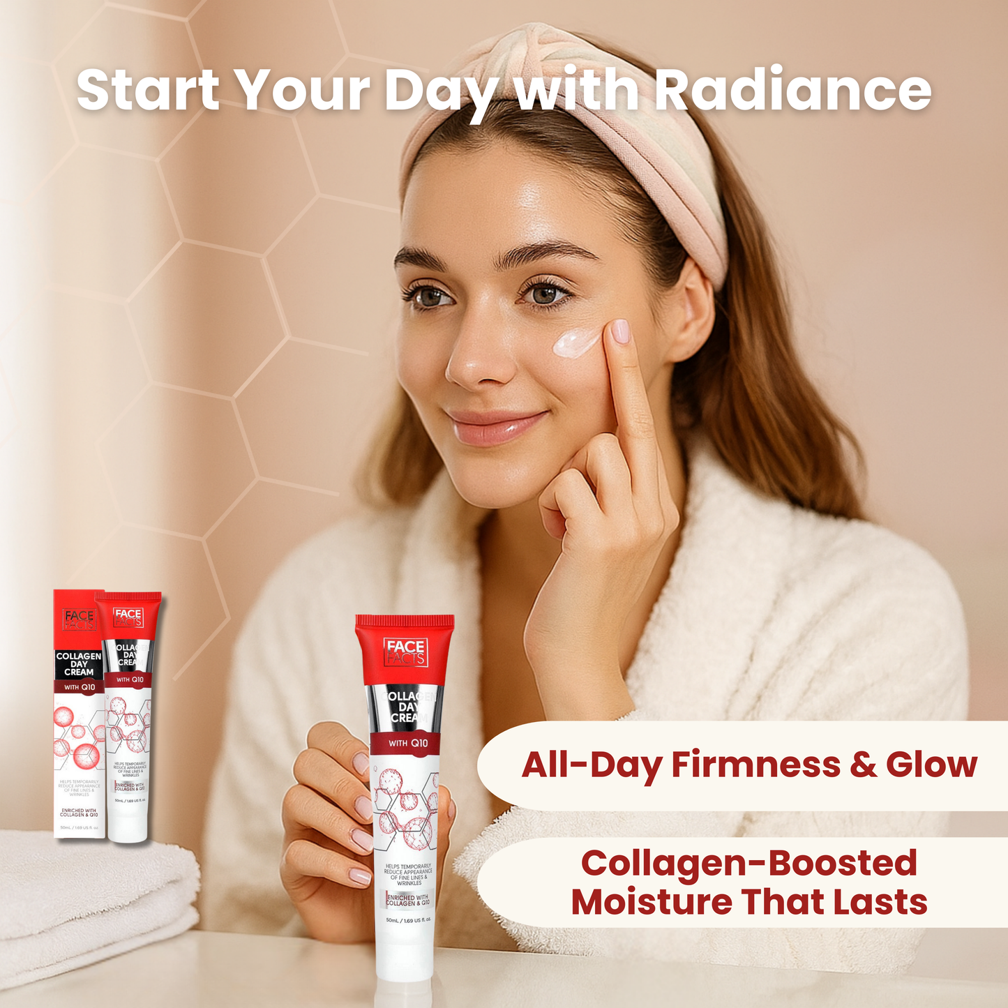 Woman applying day cream to cheek with towel and glowing skin