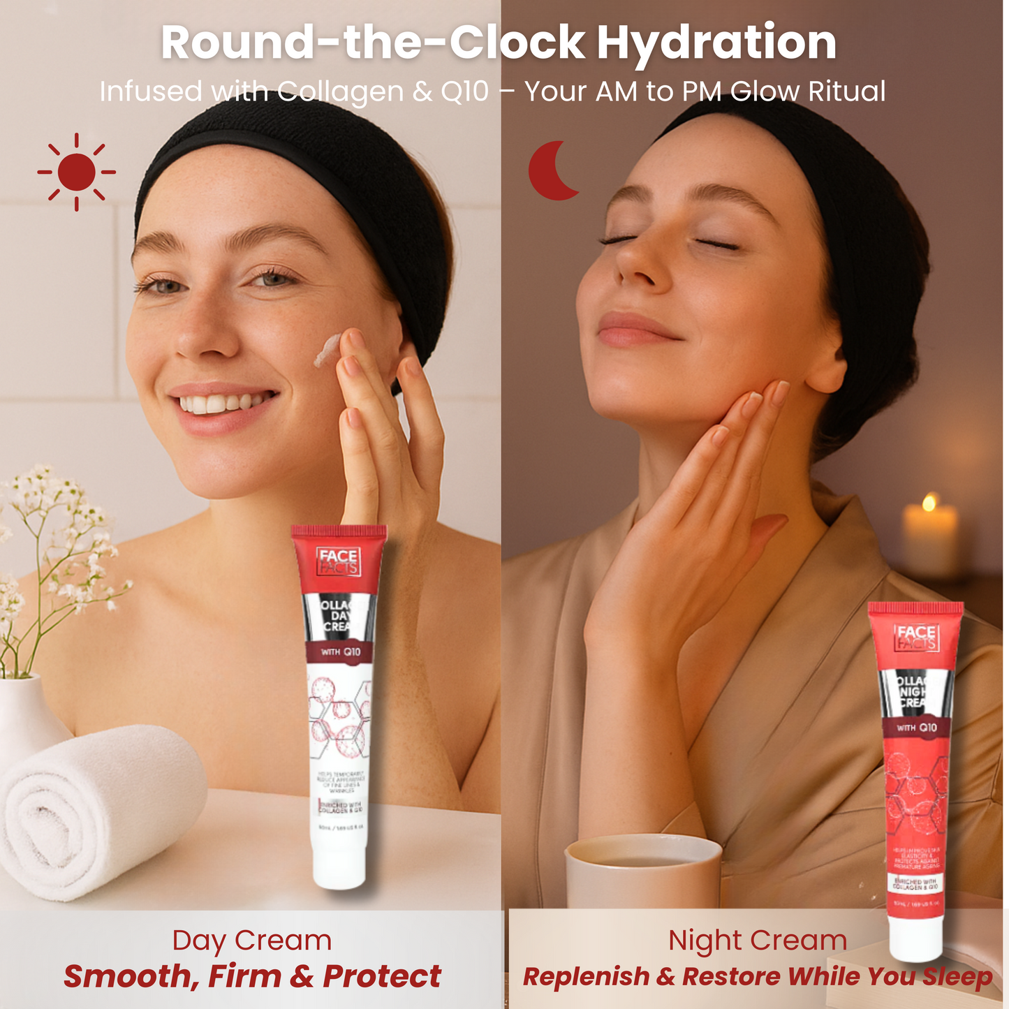 Day vs night cream shown with two women applying skincare at morning and night