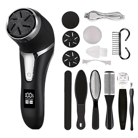 Full view of rechargeable black electric foot file and complete pedicure tool set