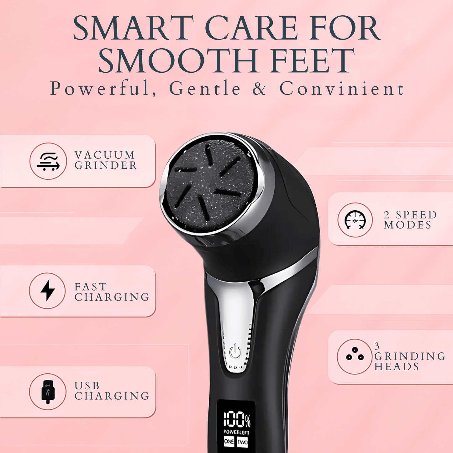 Electric foot file with vacuum grinder, 2-speed modes, and USB fast charging for smooth feet care.