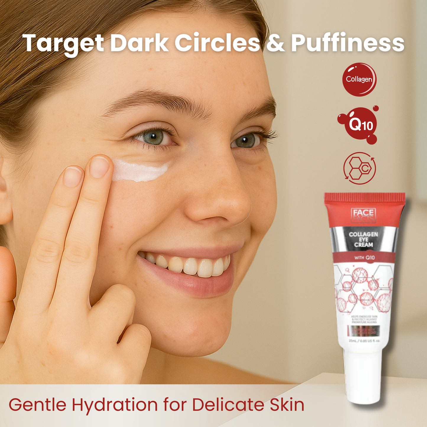 Woman applying eye cream under eye to reduce puffiness and dark circles