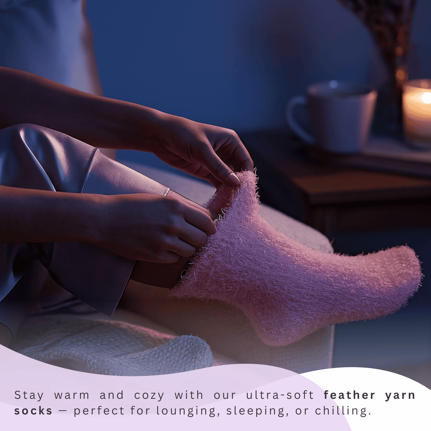 Pink feather yarn socks from spa gift set, ideal for lounging, cozy nights, or winter gifting