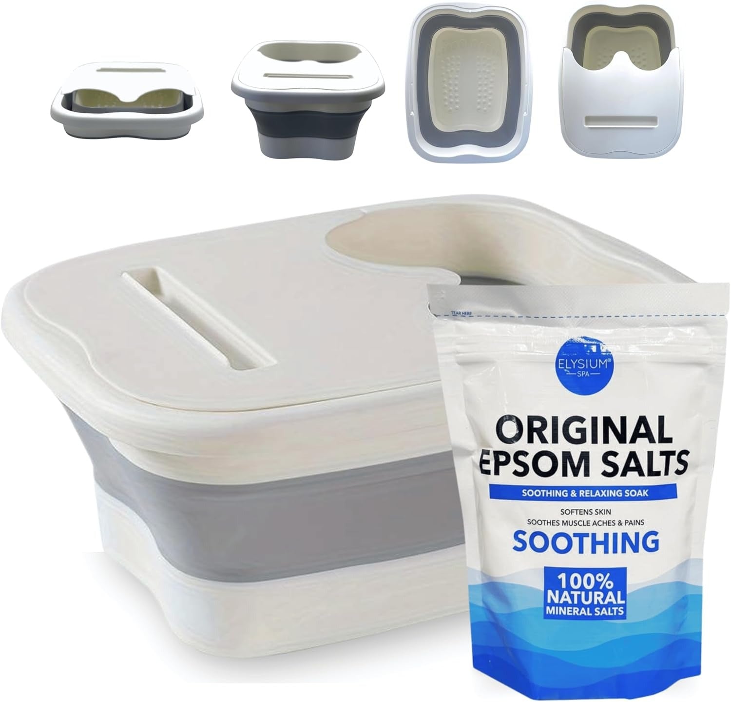 Foldable foot spa basin paired with original Epsom salt for soothing muscle relief.