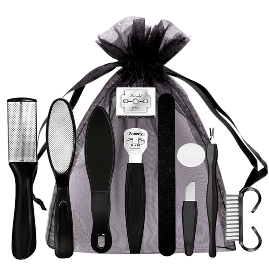 10-in-1 black foot care kit with pedicure tools in organza pouch, perfect for home spa or salon use.