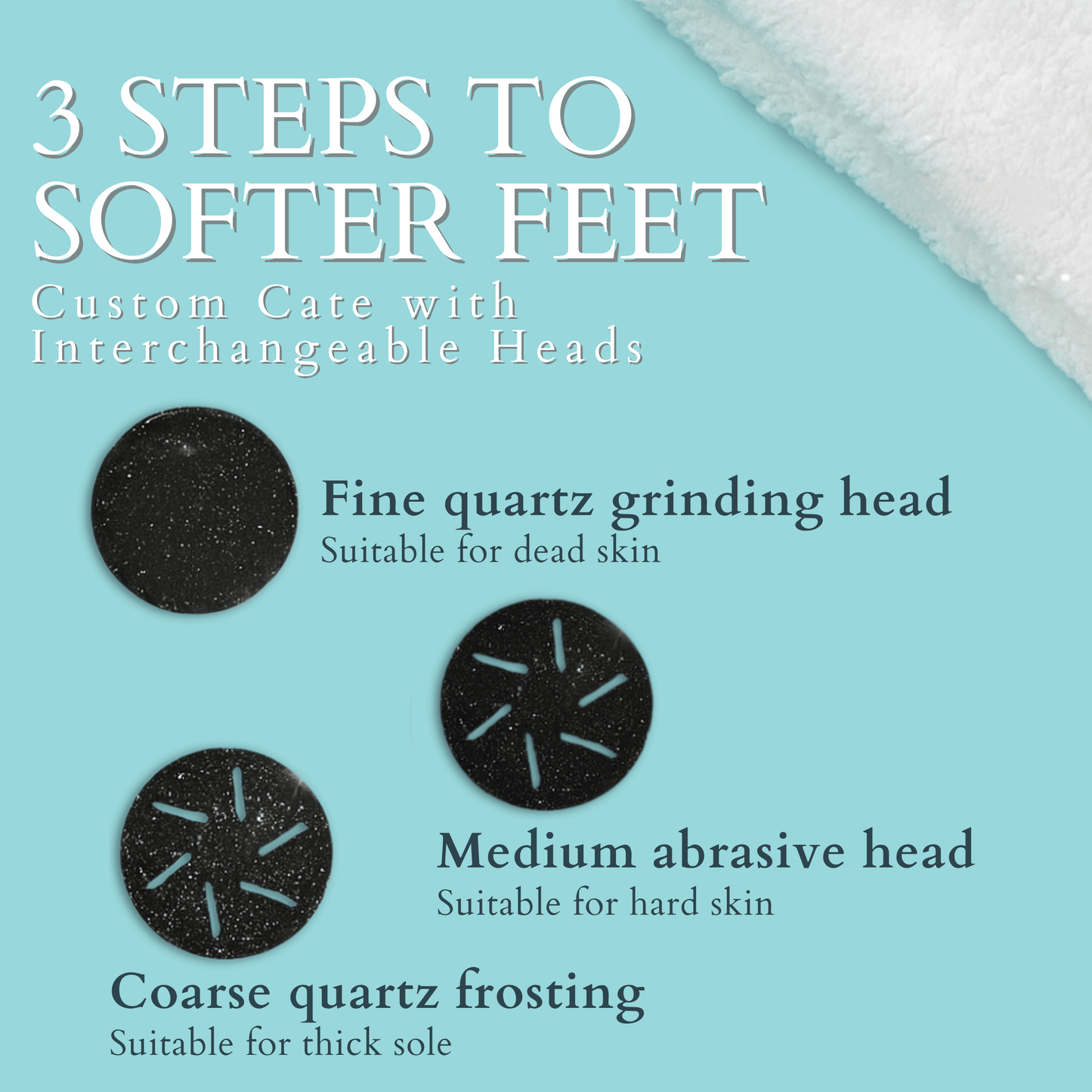 Interchangeable grinding heads for electric foot file including fine, medium, and coarse quartz options.