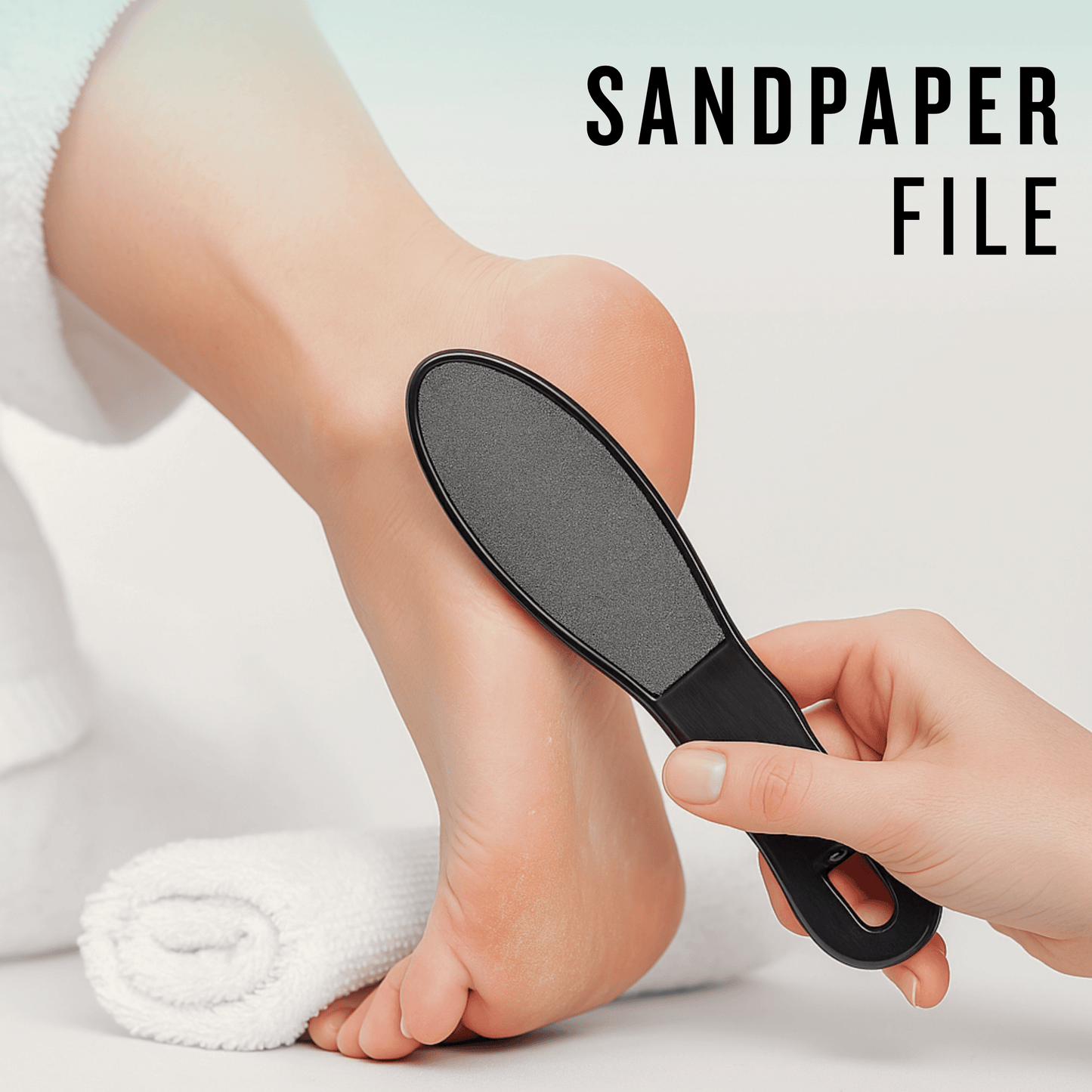 Sandpaper file used on dry heels for smoothing cracked skin, gentle callus remover for soft feet.