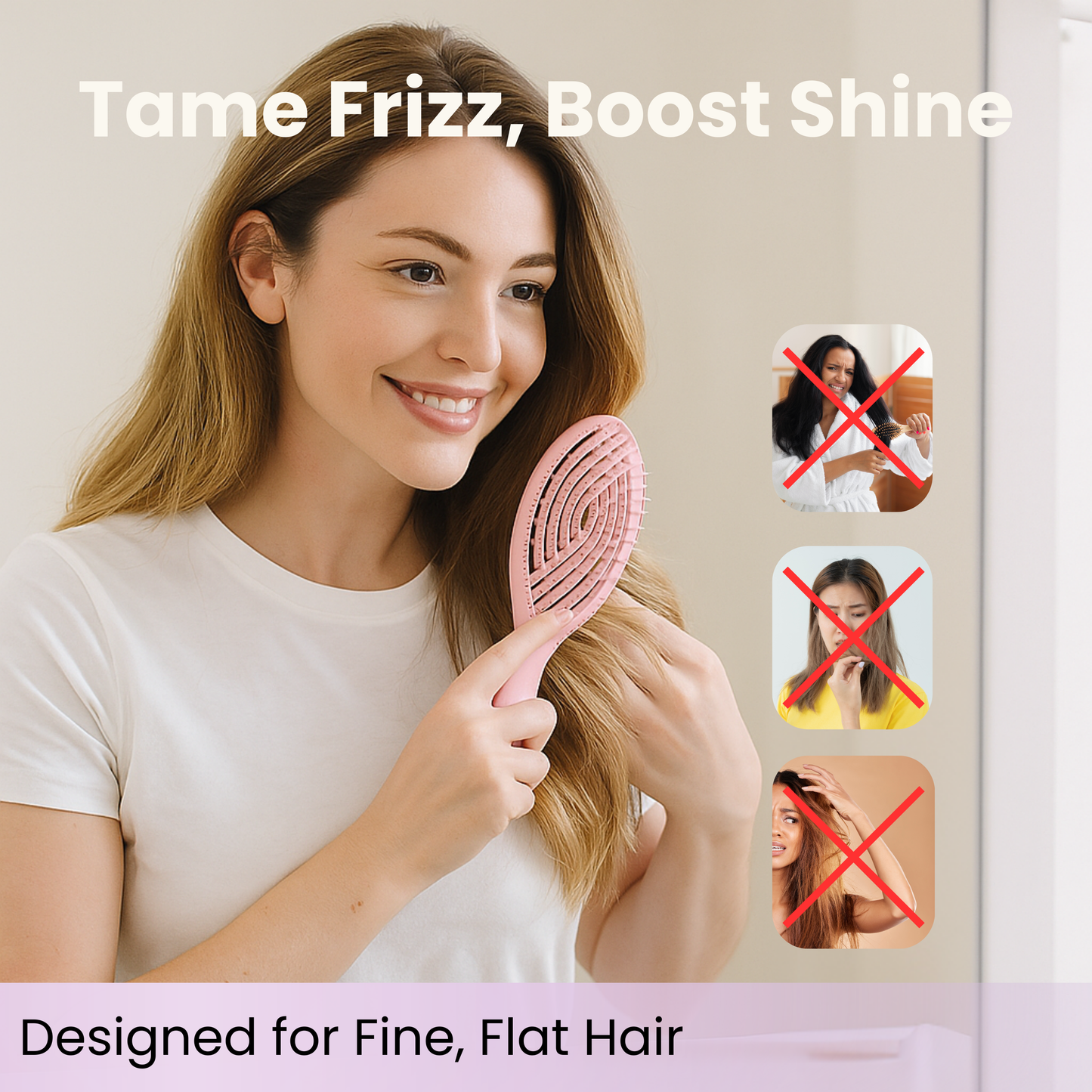 Woman brushing voluminous hair with pink detangling brush from fig & rosehip hair care kit for fine flat hair.