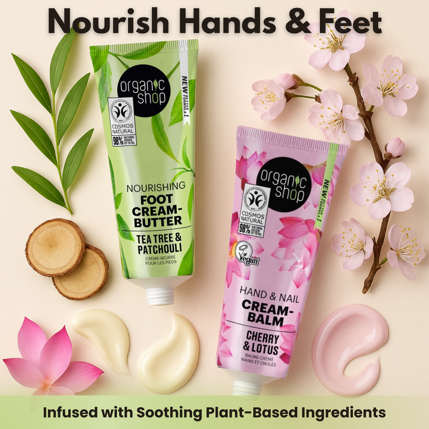 Nourishing foot and hand cream with cherry, lotus, and tea tree surrounded by natural botanicals for soft skin