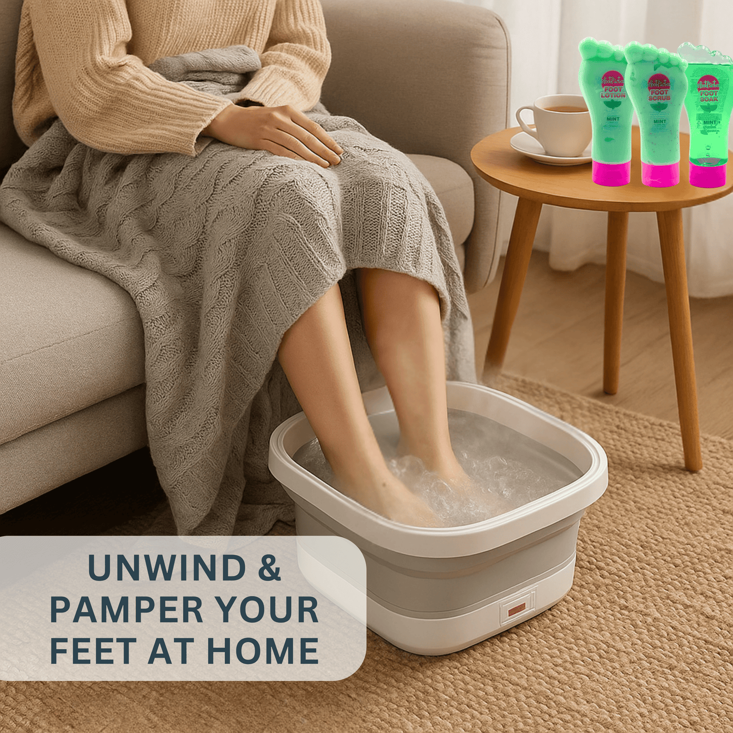 Woman enjoying a warm foot soak in collapsible electric foot spa at home with cozy setting