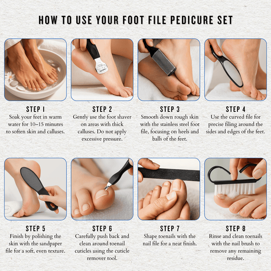Step-by-step foot file kit instructions with images showing how to remove calluses, file, shape and clean toenails.