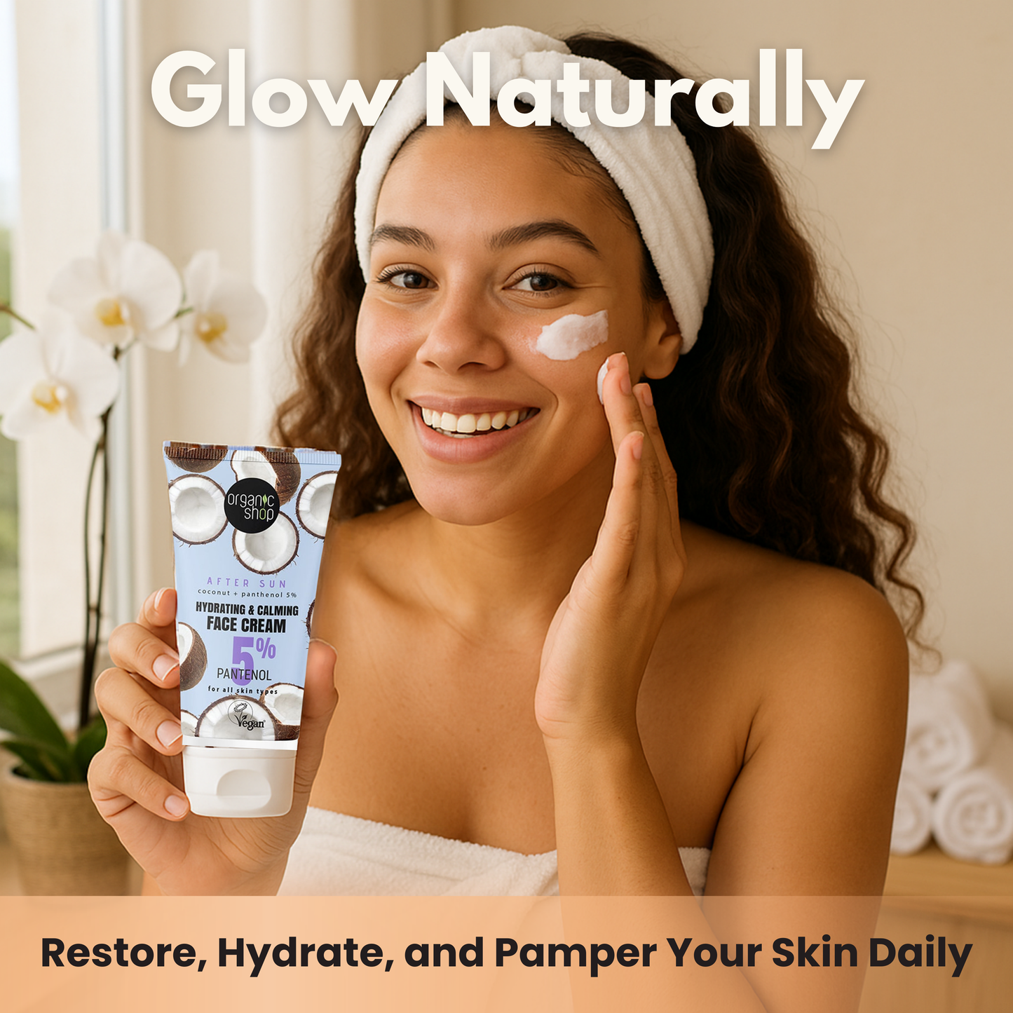Smiling woman applying face cream for hydration and glow using Organic Shop After Sun Face Cream with coconut and panthenol