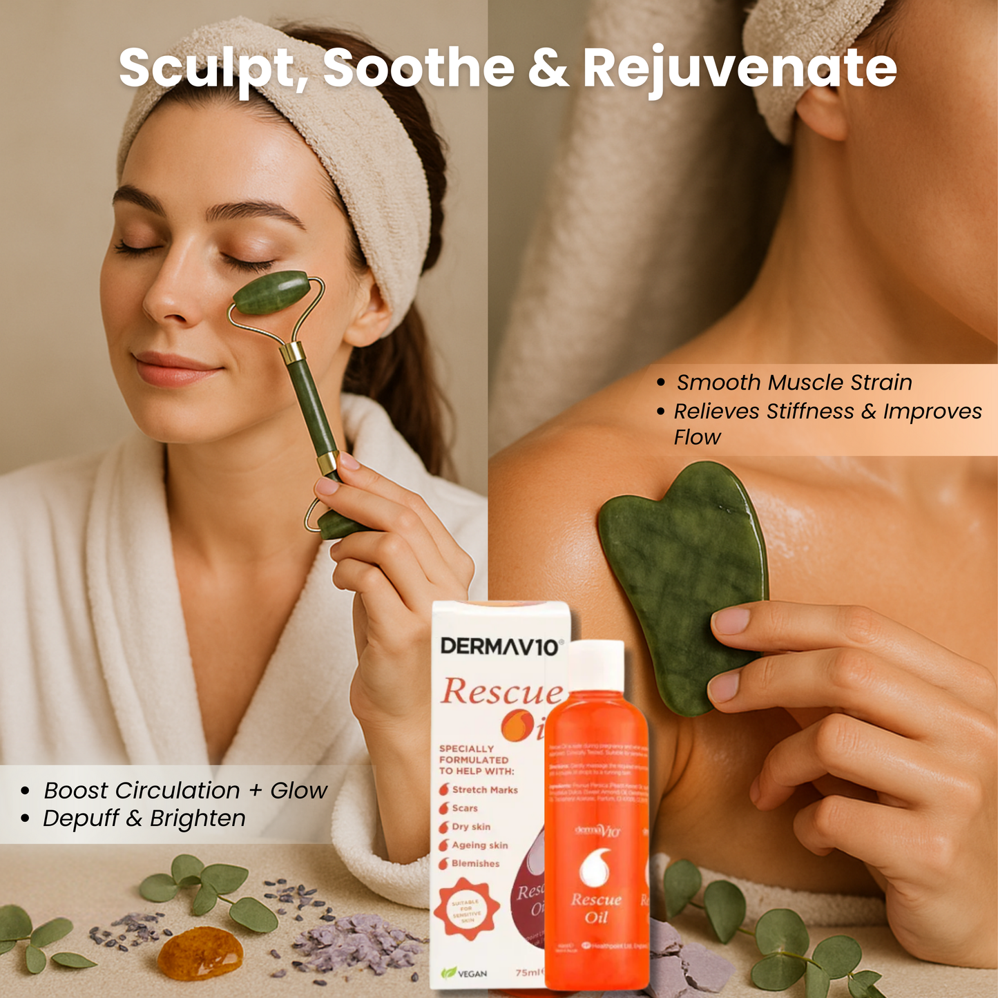 Woman using jade roller on face and gua sha on shoulder — promotes circulation, glow, and muscle relaxation.