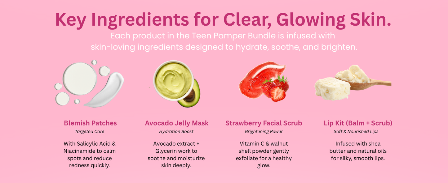 Key Skincare Ingredients in Teen Pamper Set – Avocado, Salicylic Acid, Vitamin C, Shea Butter