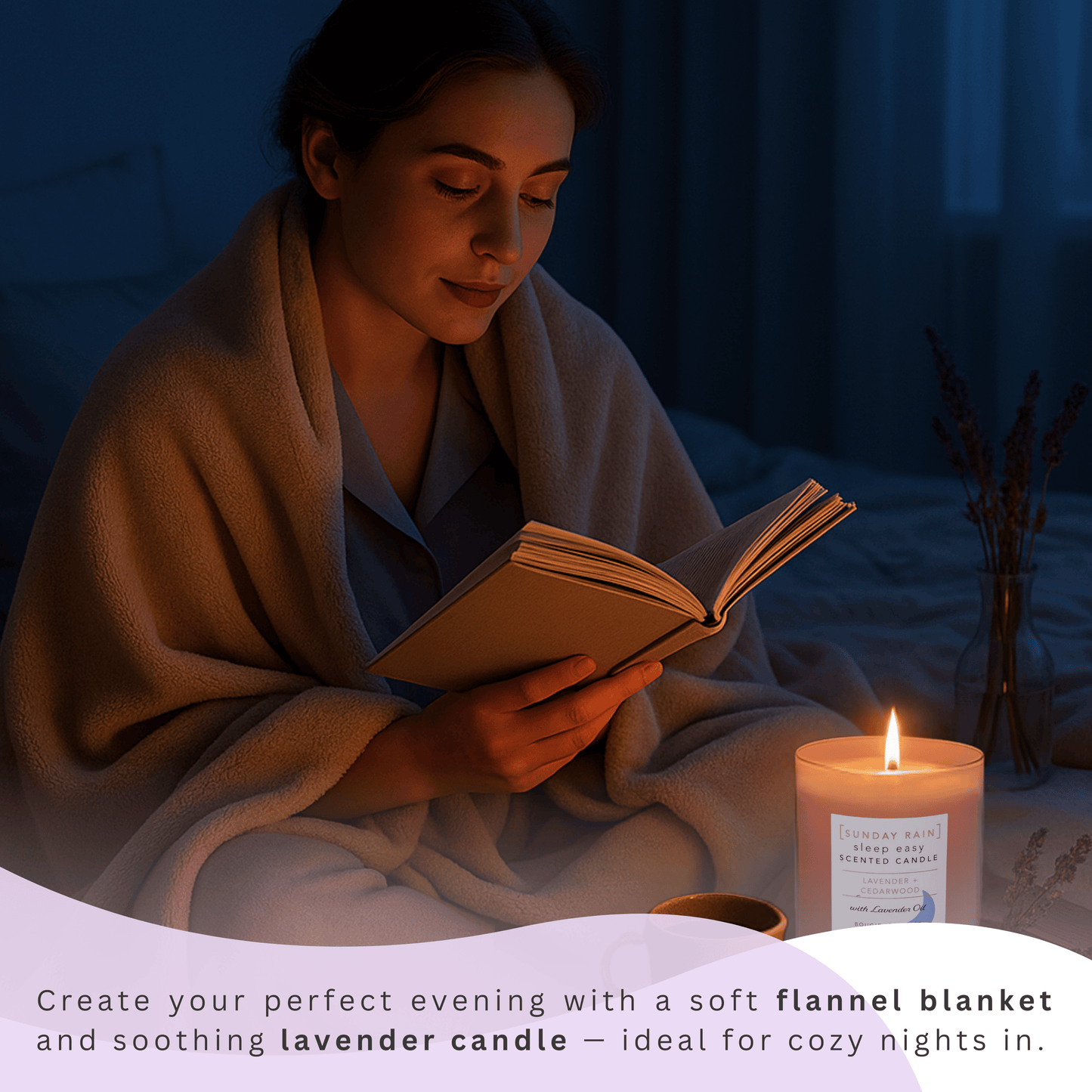 Woman relaxing with soft flannel blanket and lavender candle, cozy self-care moment with spa gift box