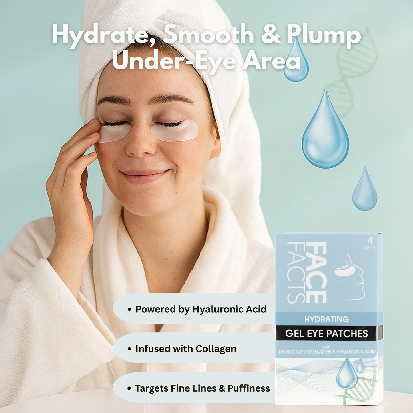 Smiling woman using hydrating gel eye patches with hyaluronic acid and collagen for smooth, plump under-eye area