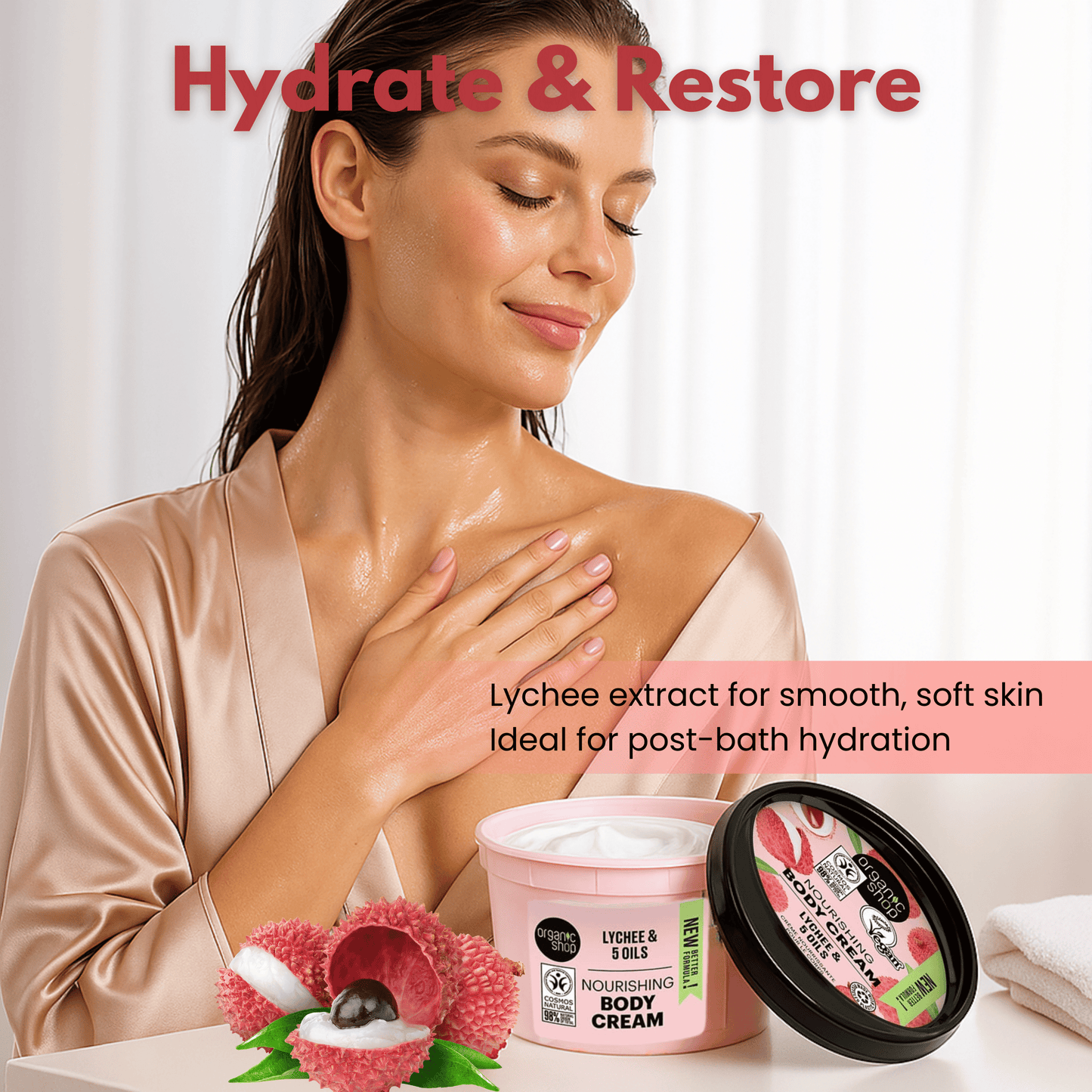 Woman applying nourishing lychee and oils body cream for smooth, hydrated skin after bathing