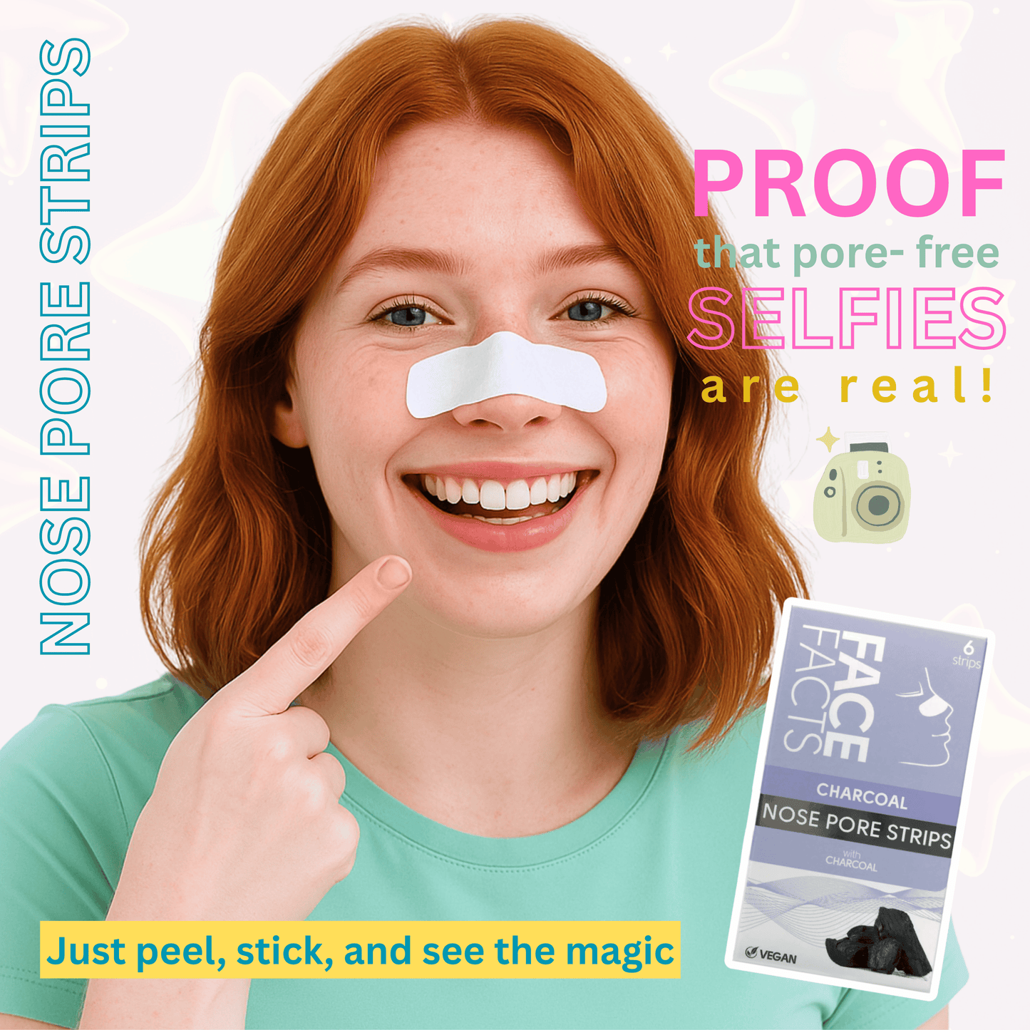 Teen girl using charcoal nose pore strip, smiling, with product packaging in view