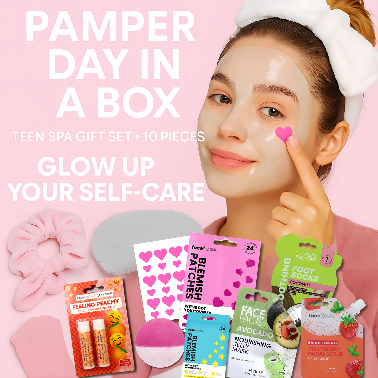 Teen girl applying skincare during pamper day using spa gift box set with sheet masks and lip balm